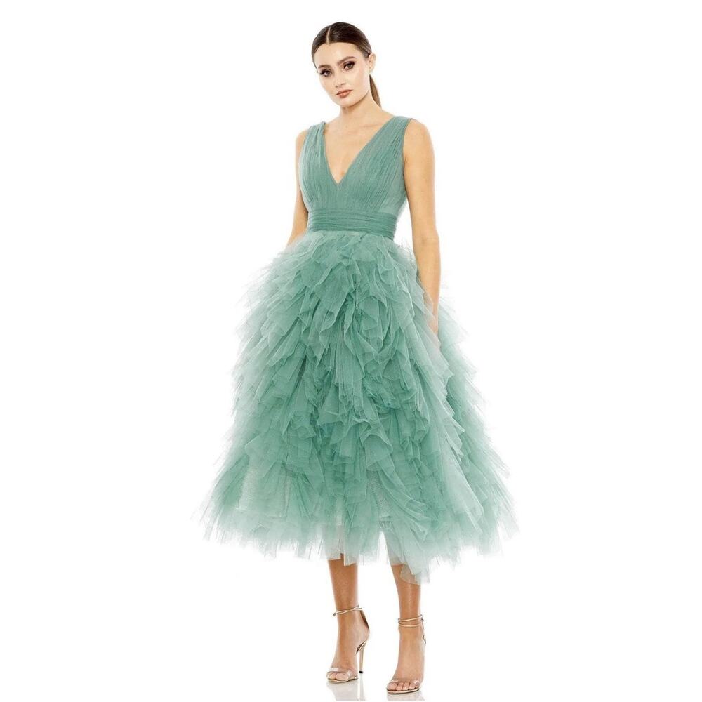 Mac Duggal 20411 Jade Green Tiered Ruffle Tulle Midi Dress Size 4 $598